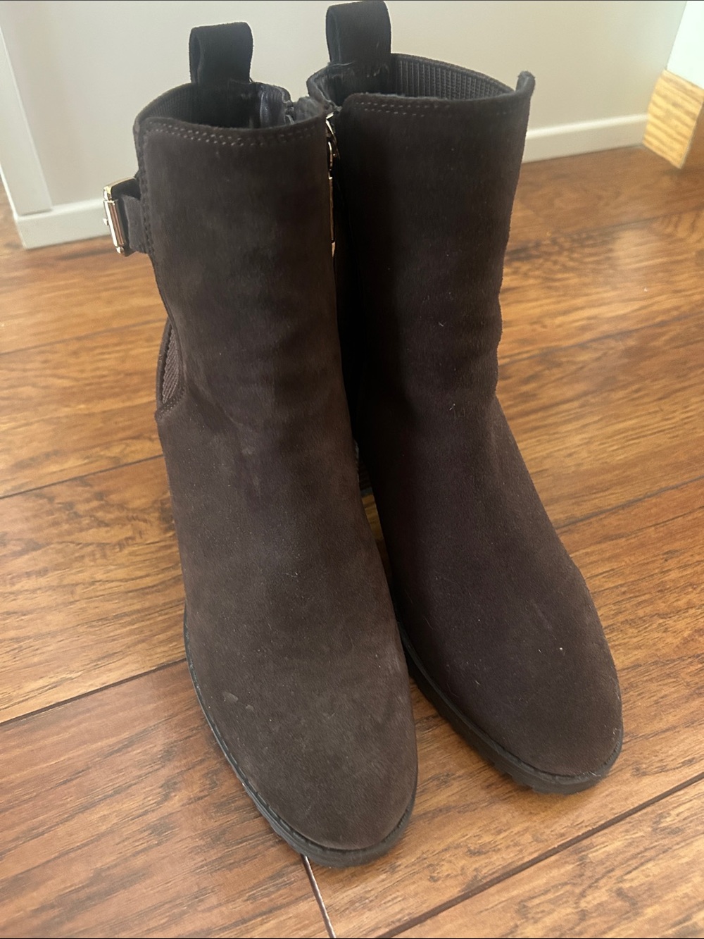 Blondo Dark Brown Suede Ankle Booties with Side Buckle